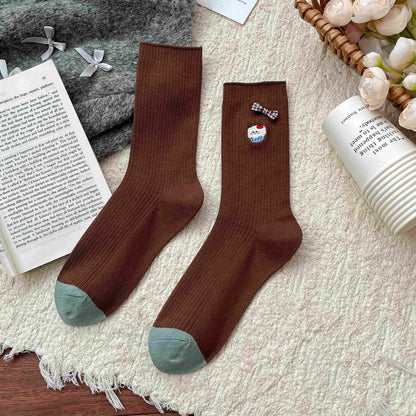 Bear Embroidered Delicate Bow Socks