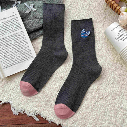 Bear Embroidered Delicate Bow Socks