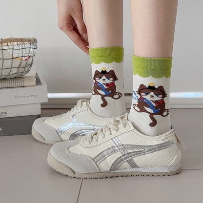 Playful Cartoon Cat Knit Crew Socks