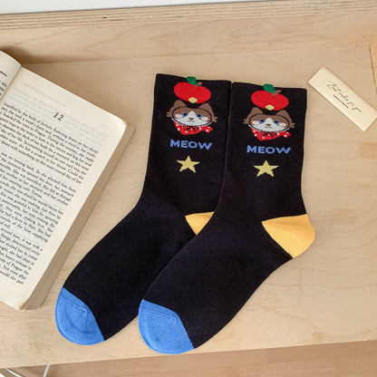 Playful Cartoon Cat Knit Crew Socks