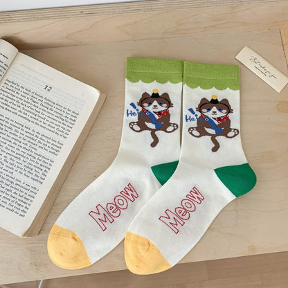 Playful Cartoon Cat Knit Crew Socks