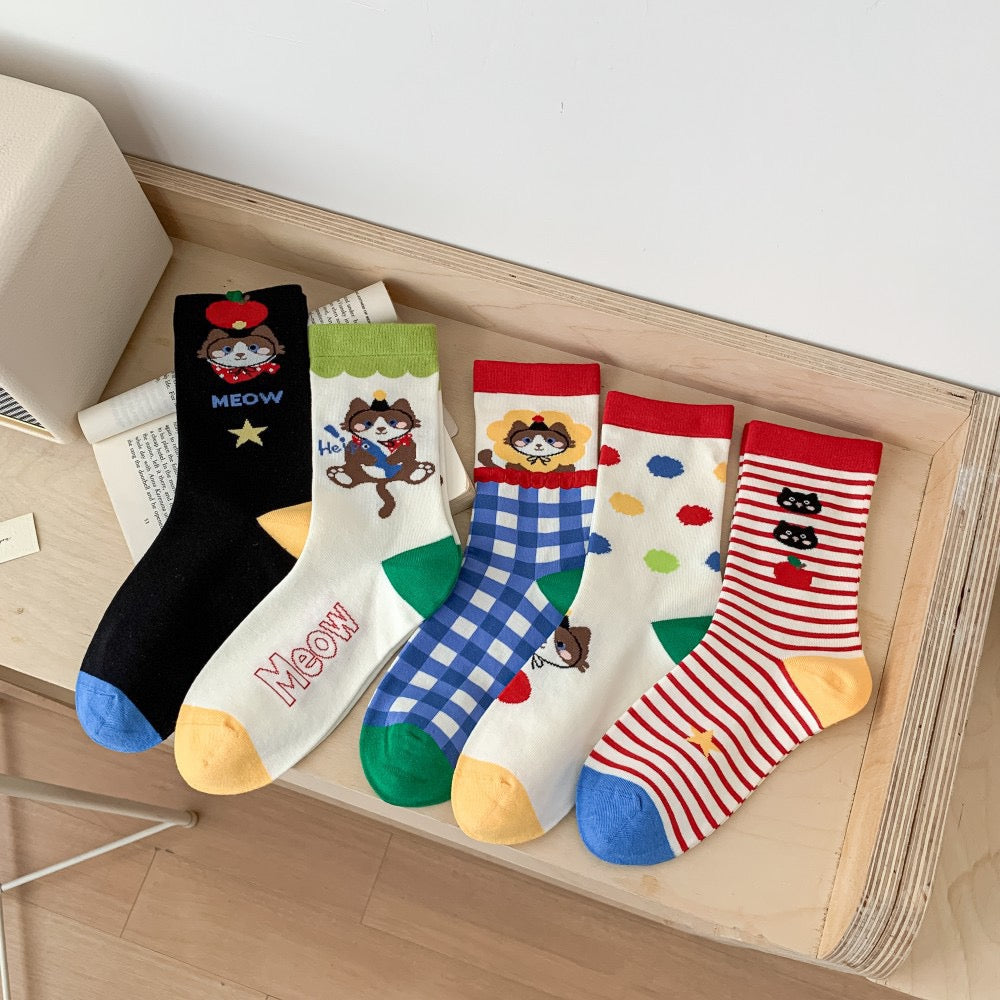 Playful Cartoon Cat Knit Crew Socks