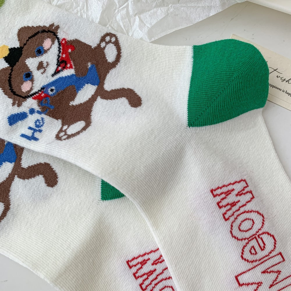 Playful Cartoon Cat Knit Crew Socks