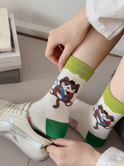 Playful Cartoon Cat Knit Crew Socks