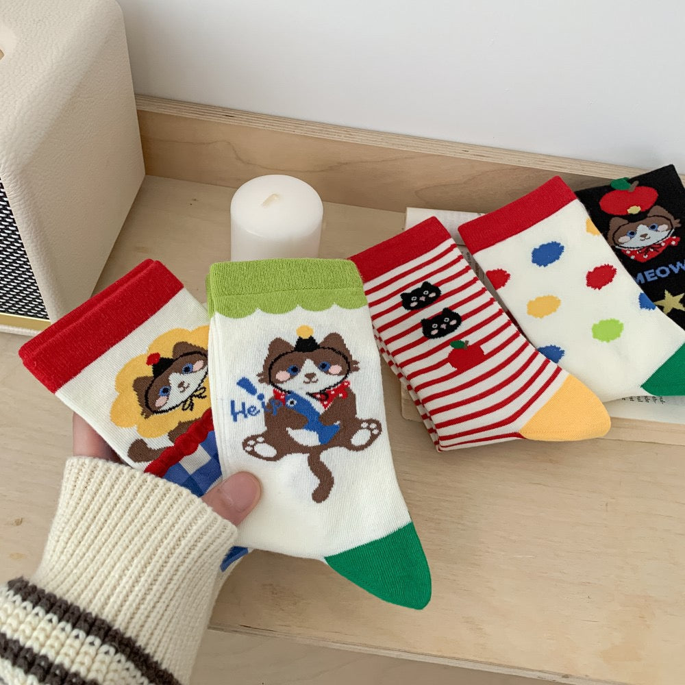 Playful Cartoon Cat Knit Crew Socks