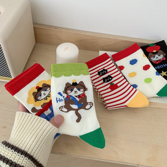 Playful Cartoon Cat Knit Crew Socks