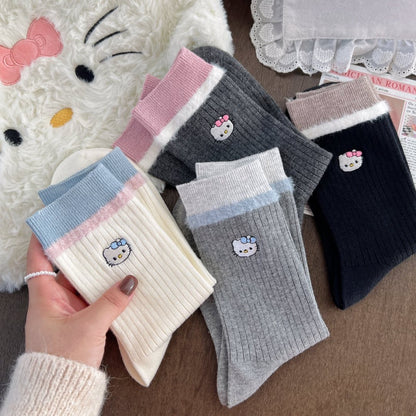 Kitty Fuzzy Trim Crew Socks