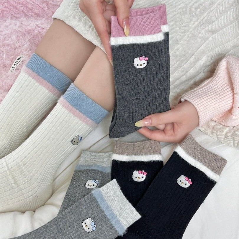 Kitty Fuzzy Trim Crew Socks