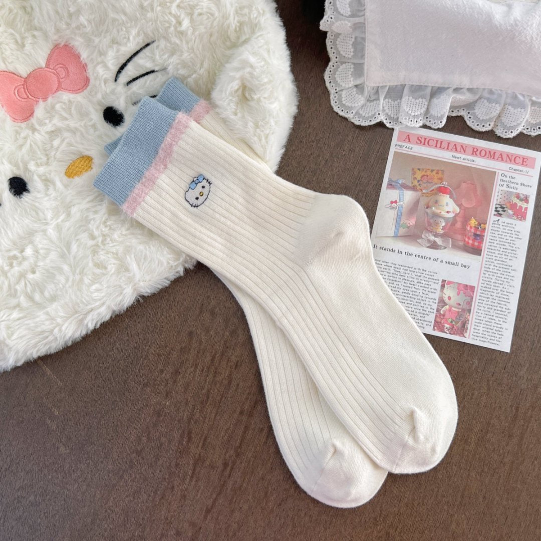 Kitty Fuzzy Trim Crew Socks
