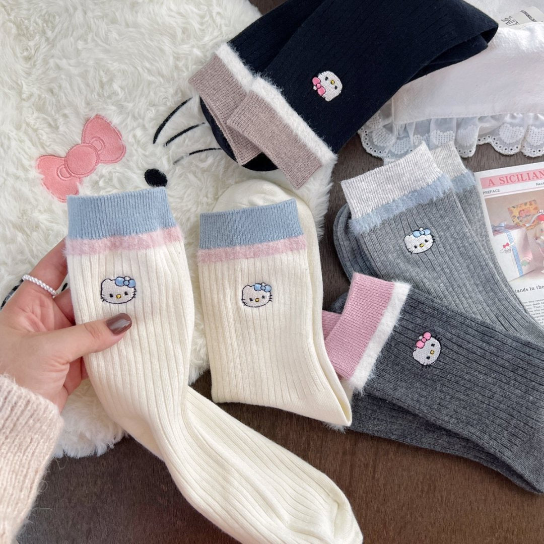 Kitty Fuzzy Trim Crew Socks