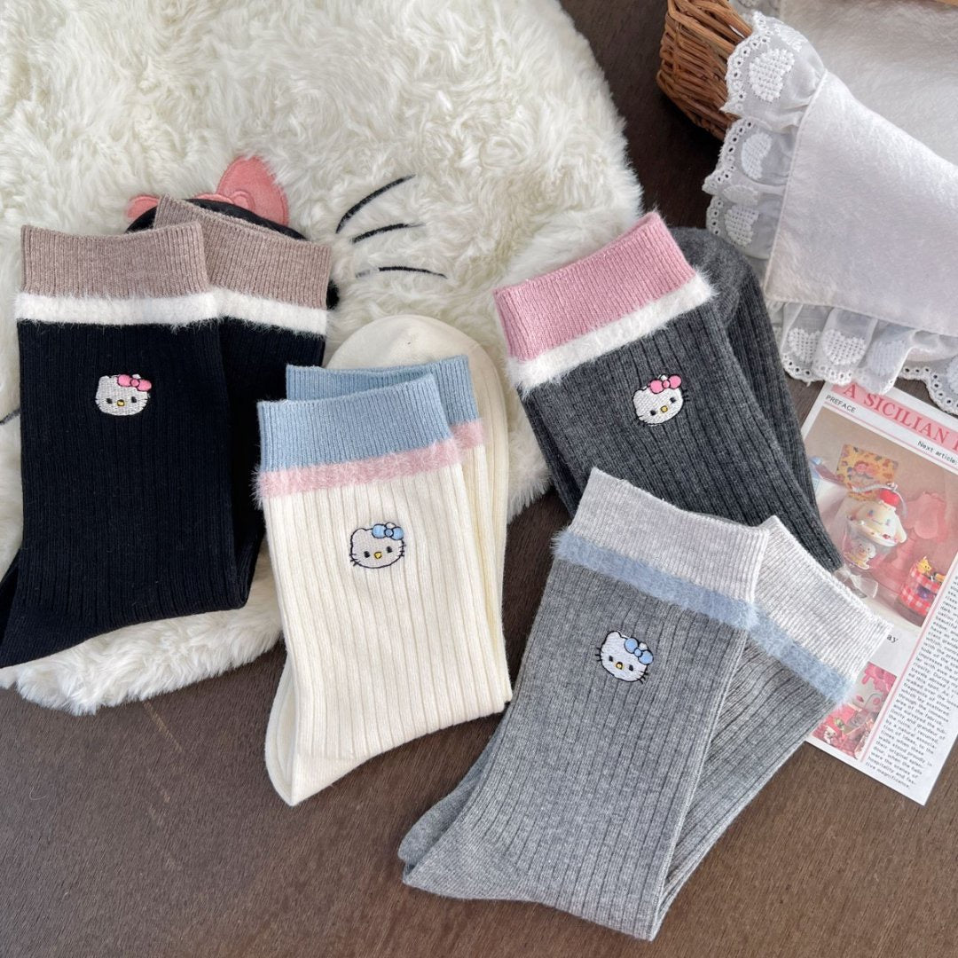Kitty Fuzzy Trim Crew Socks