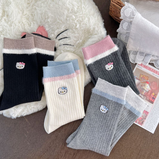 Kitty Fuzzy Trim Crew Socks