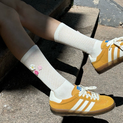 3D Crochet Flower Mesh Crew Socks
