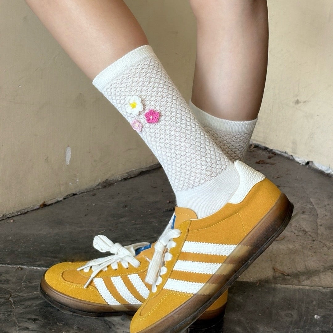 3D Crochet Flower Mesh Crew Socks
