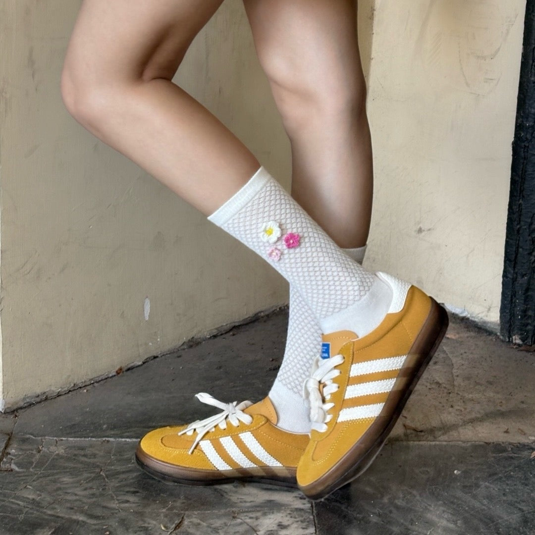 3D Crochet Flower Mesh Crew Socks