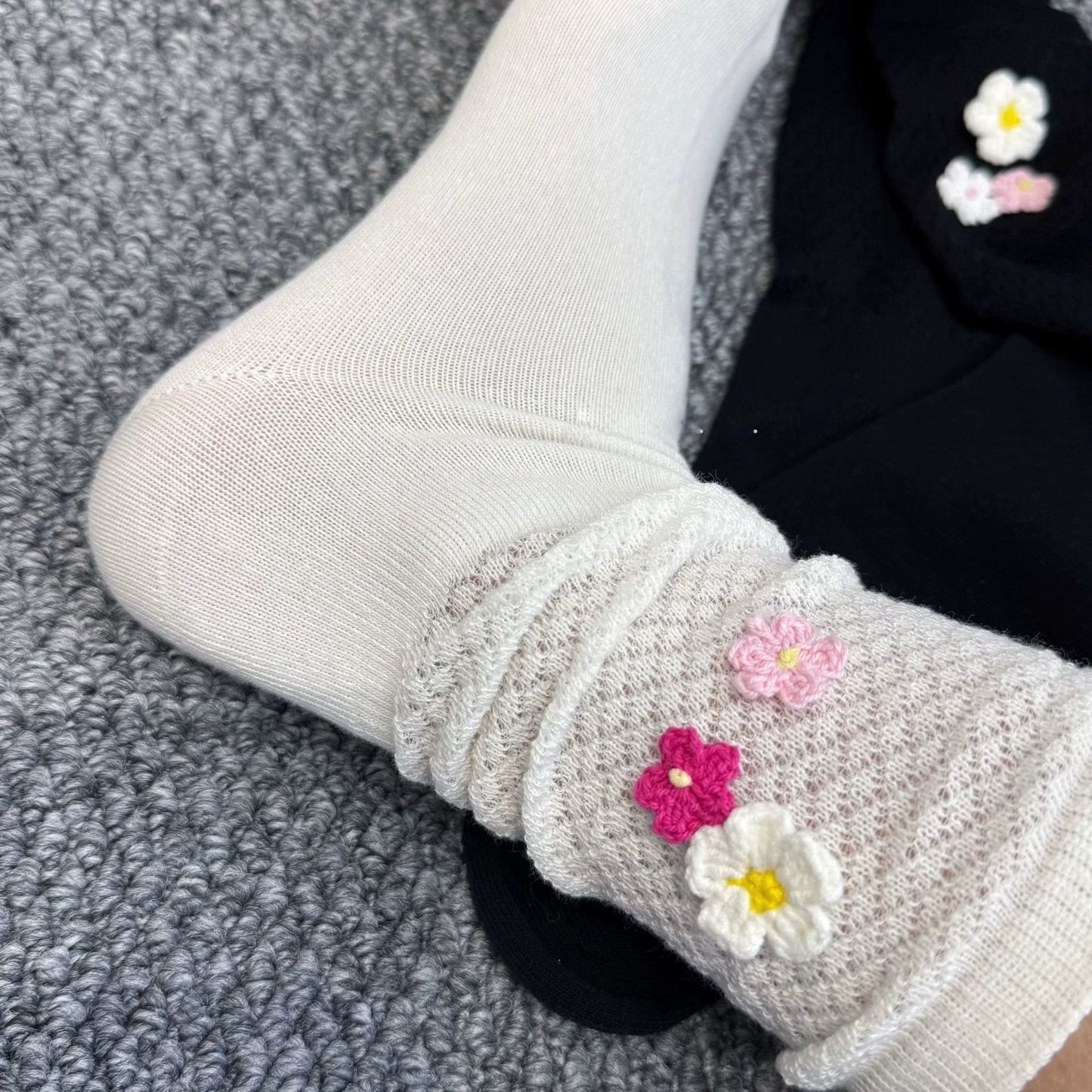 3D Crochet Flower Mesh Crew Socks