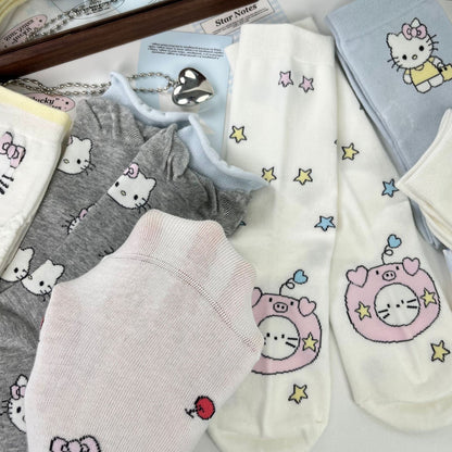Cute Kitty Patterned Cotton Crew Socks