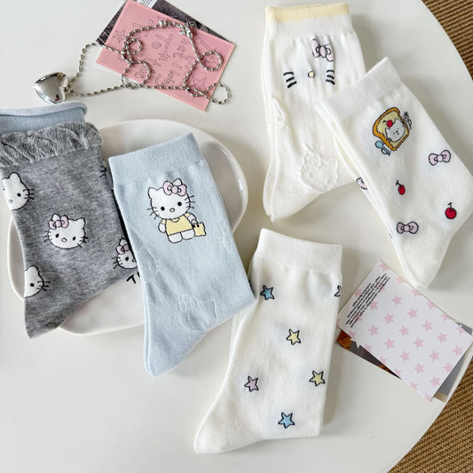 Cute Kitty Patterned Cotton Crew Socks