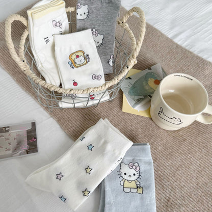 Cute Kitty Patterned Cotton Crew Socks