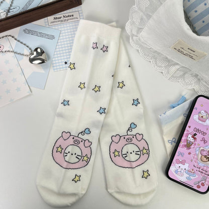 Cute Kitty Patterned Cotton Crew Socks