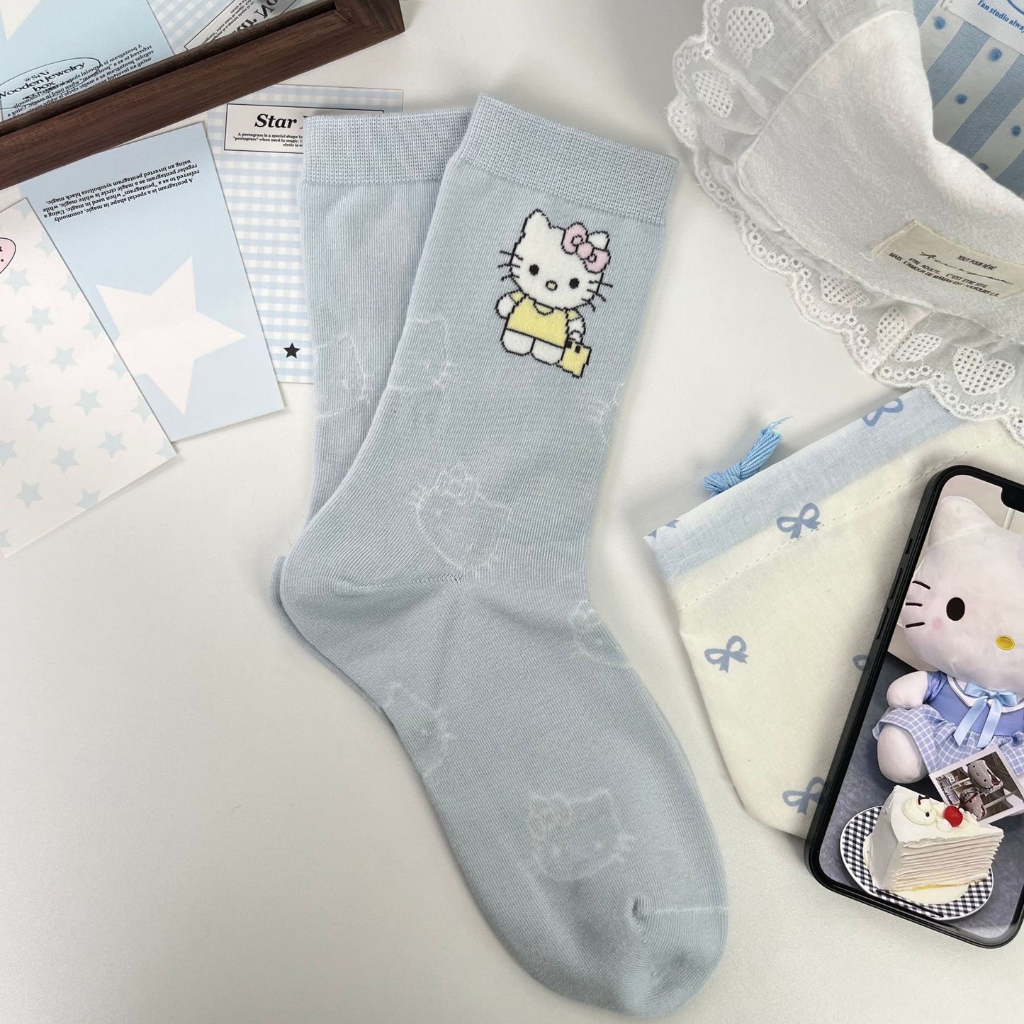 Cute Kitty Patterned Cotton Crew Socks