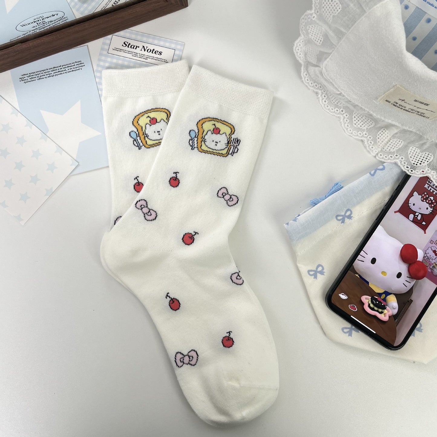 Cute Kitty Patterned Cotton Crew Socks