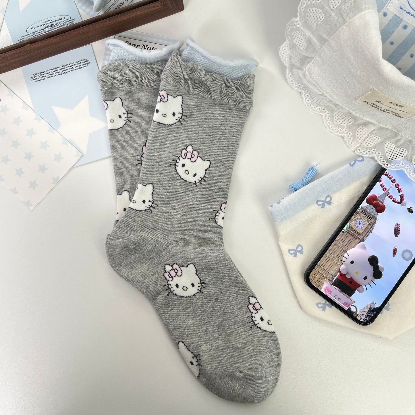Cute Kitty Patterned Cotton Crew Socks