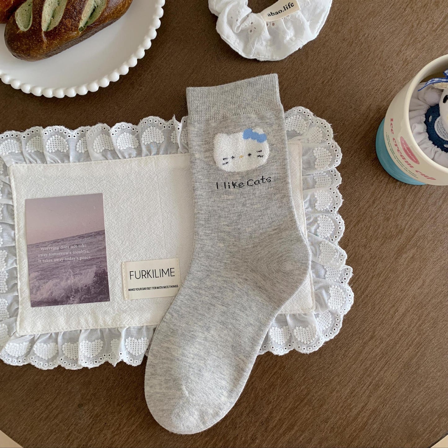 Sweet Kitty & Bow Cotton Crew Socks