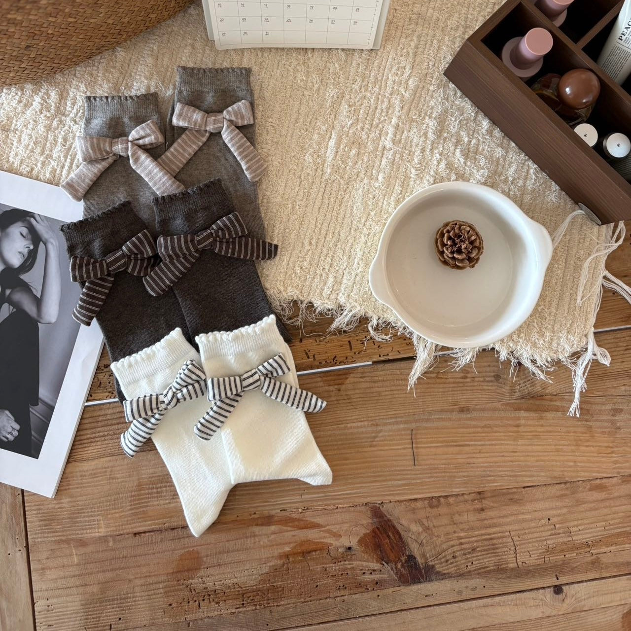Elegant Striped Bow Crew Socks