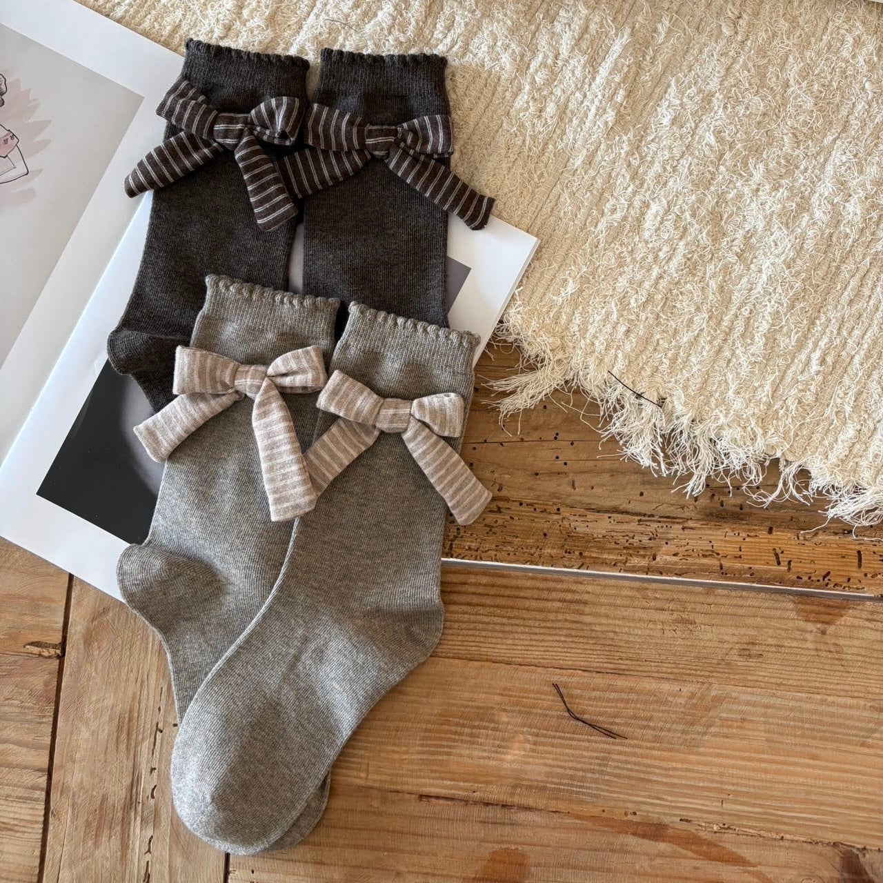 Elegant Striped Bow Crew Socks