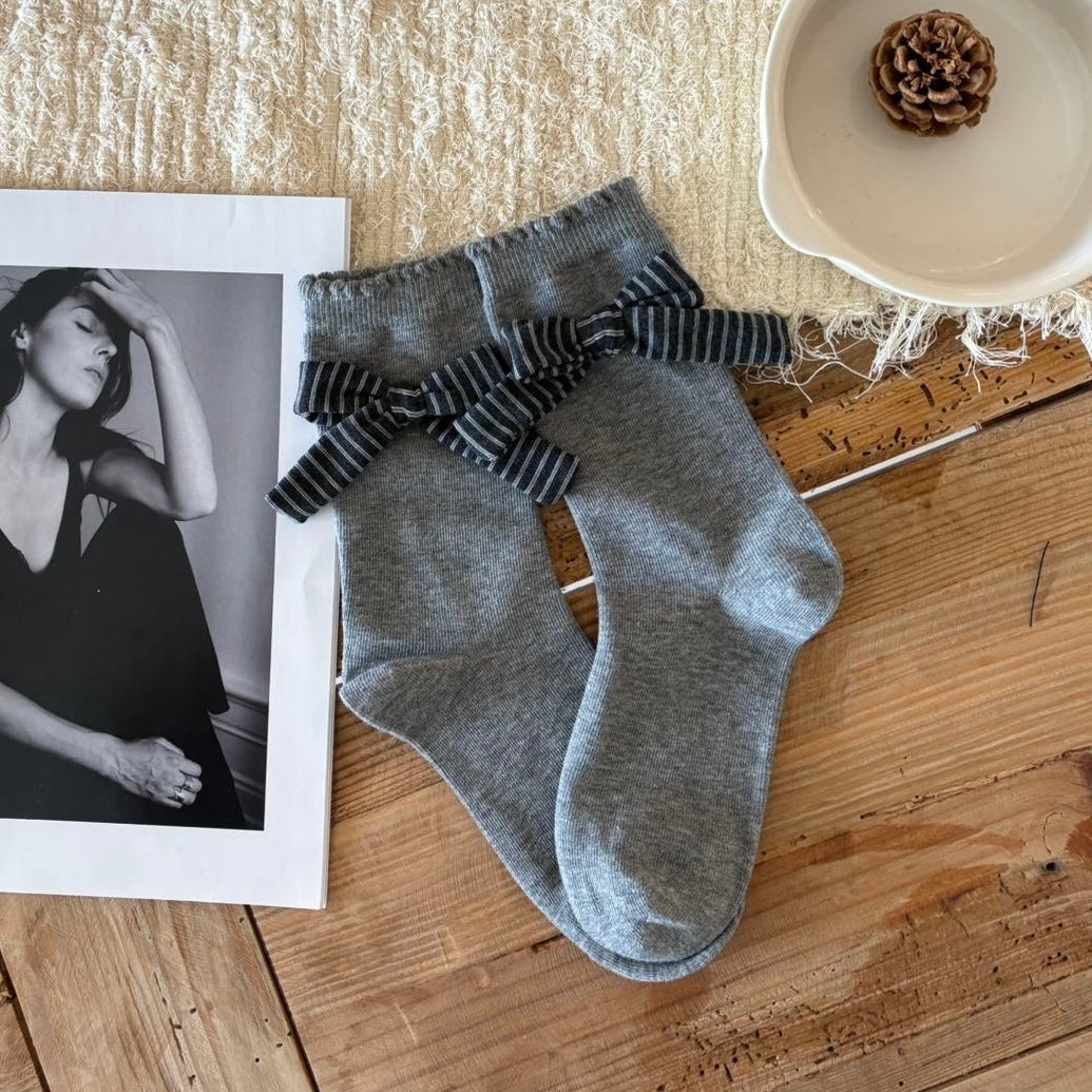 Elegant Striped Bow Crew Socks