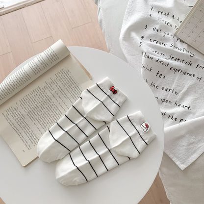 Striped Ankle Socks with Kitten Embroidery