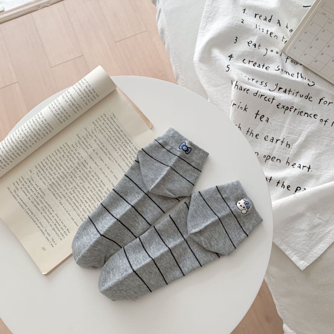 Striped Ankle Socks with Kitten Embroidery