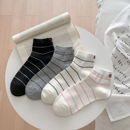 Striped Ankle Socks with Kitten Embroidery
