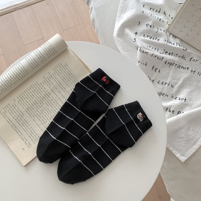 Striped Ankle Socks with Kitten Embroidery