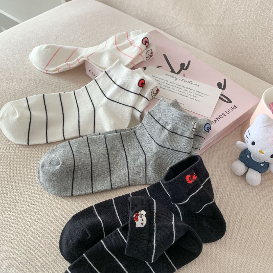 Striped Ankle Socks with Kitten Embroidery